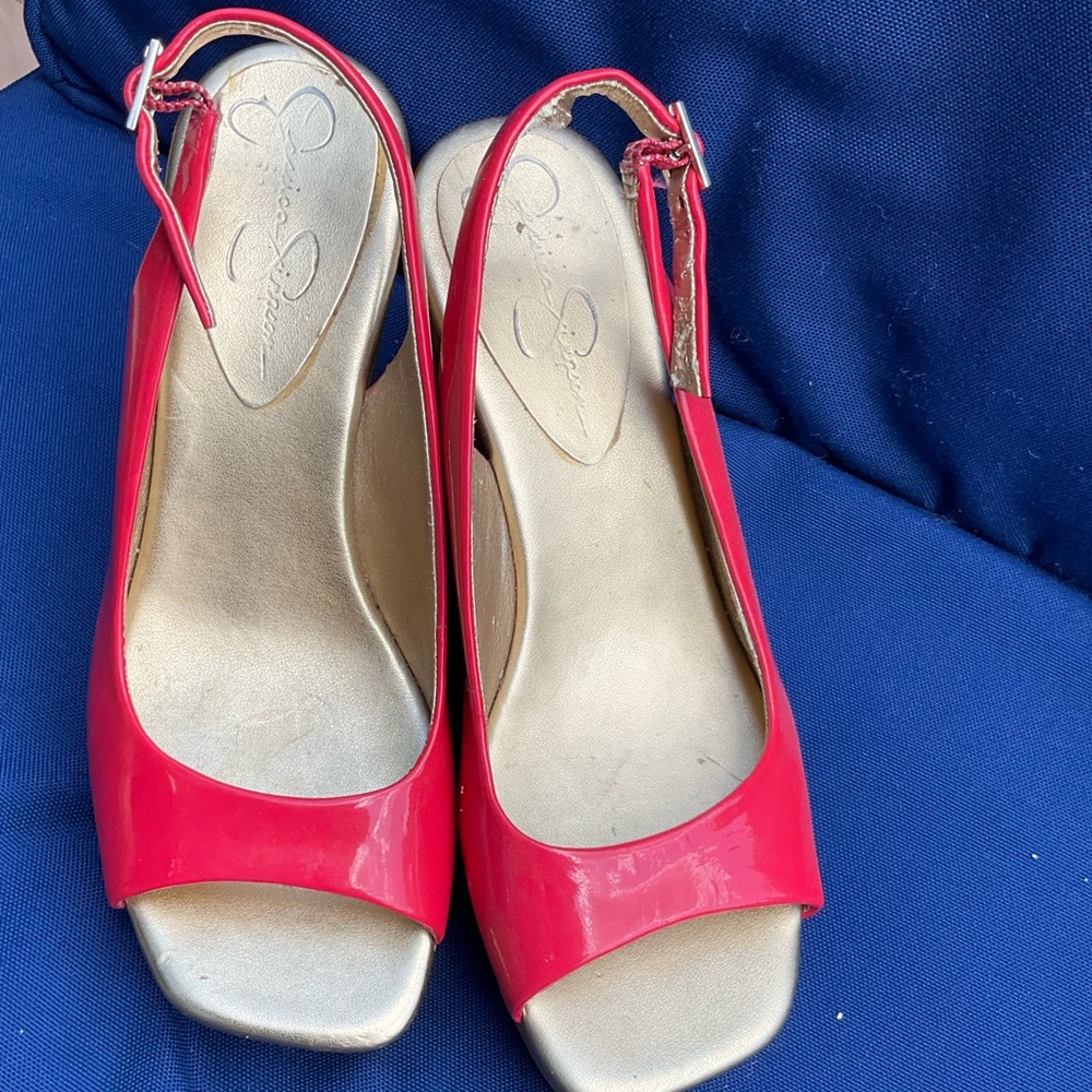 Jessica Simpson 5 1/2 Fushia Open Toe Wedges - Picture 3 of 7